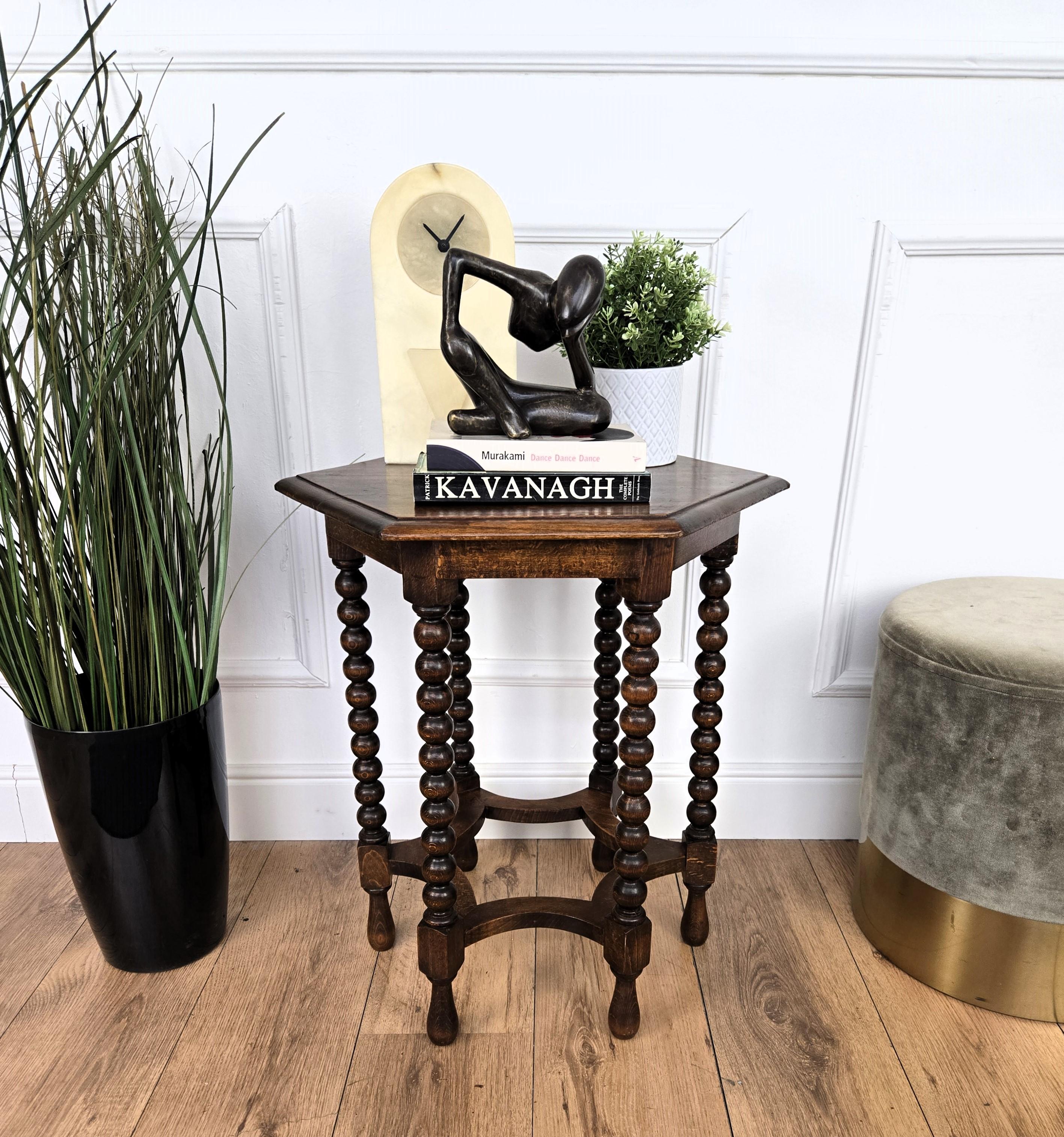 Renaissance Antique Italian Hexagonal Black Walnut Side Table Stool with Bobbin Turned Legs