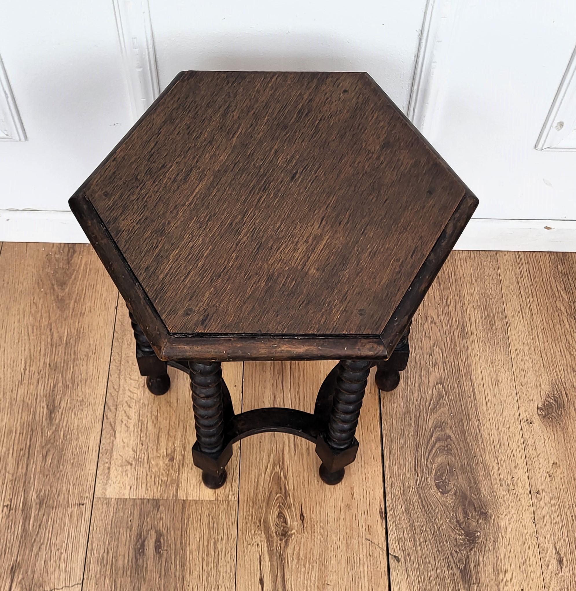 20th Century Antique Italian Hexagonal Black Walnut Side Table Stool with Bobbin Turned Legs