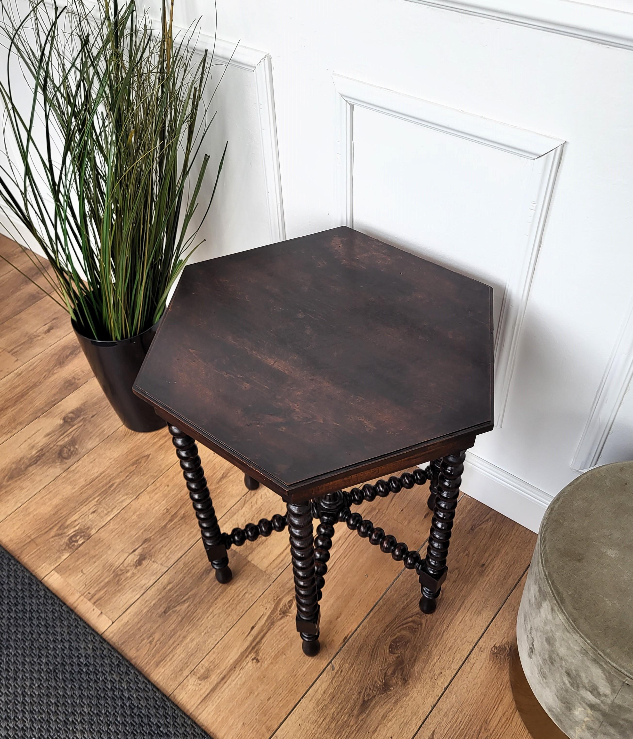 20th Century Antique Italian Hexagonal Black Walnut Side Table Stool with Bobbin Turned Legs