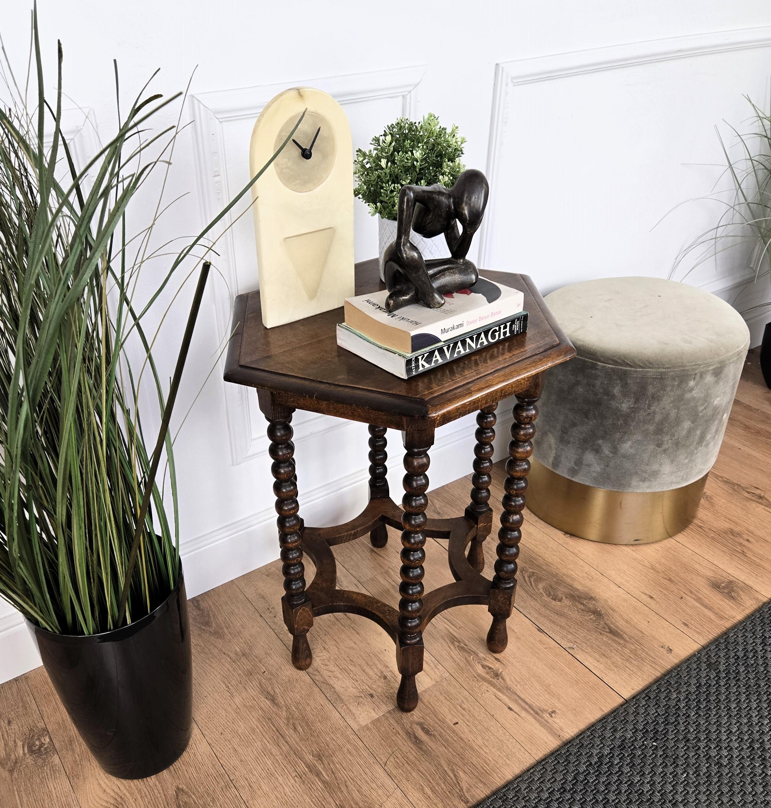 20th Century Antique Italian Hexagonal Black Walnut Side Table Stool with Bobbin Turned Legs