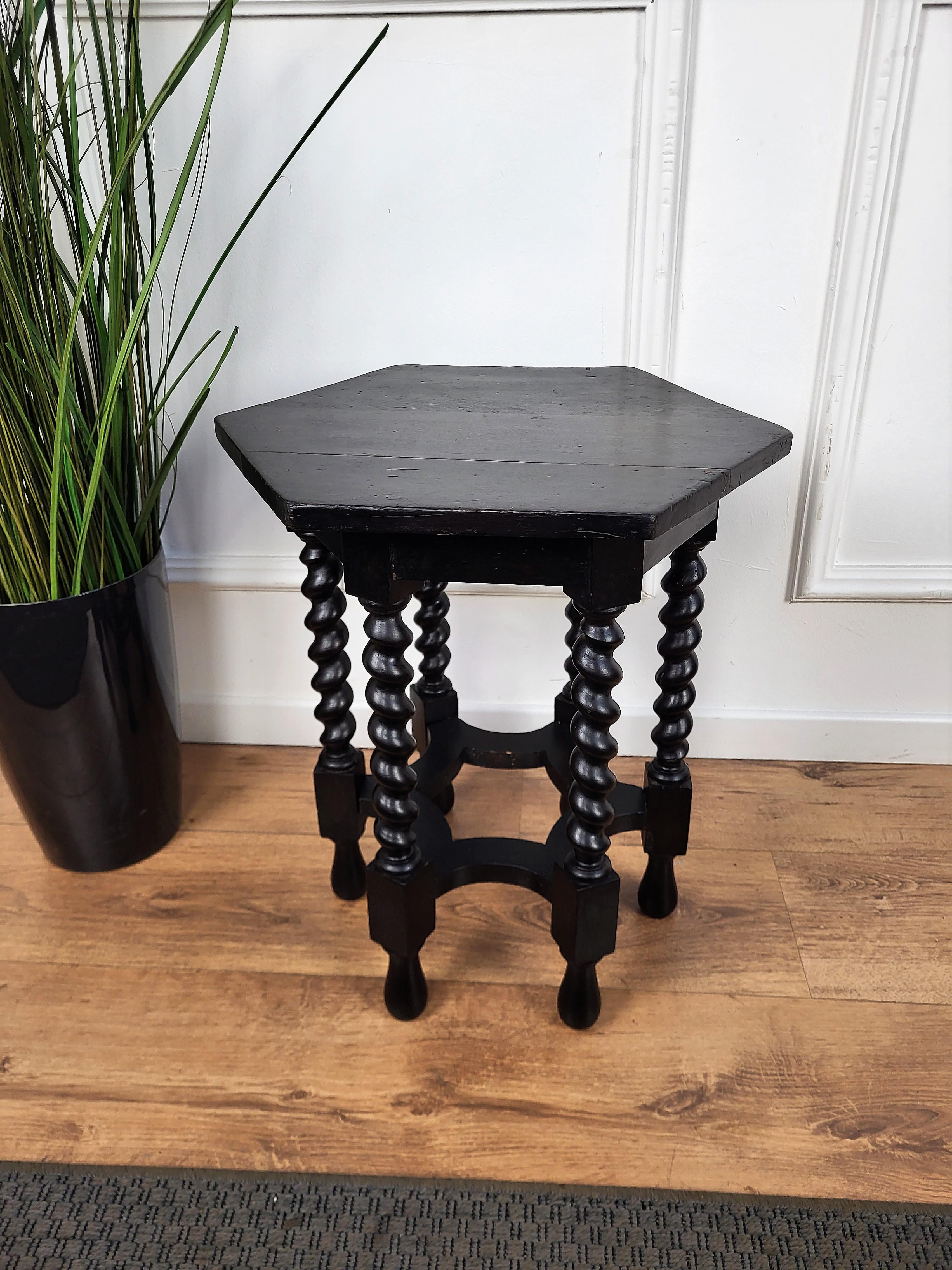 Wood Antique Italian Hexagonal Black Walnut Side Table Stool with Bobbin Turned Legs