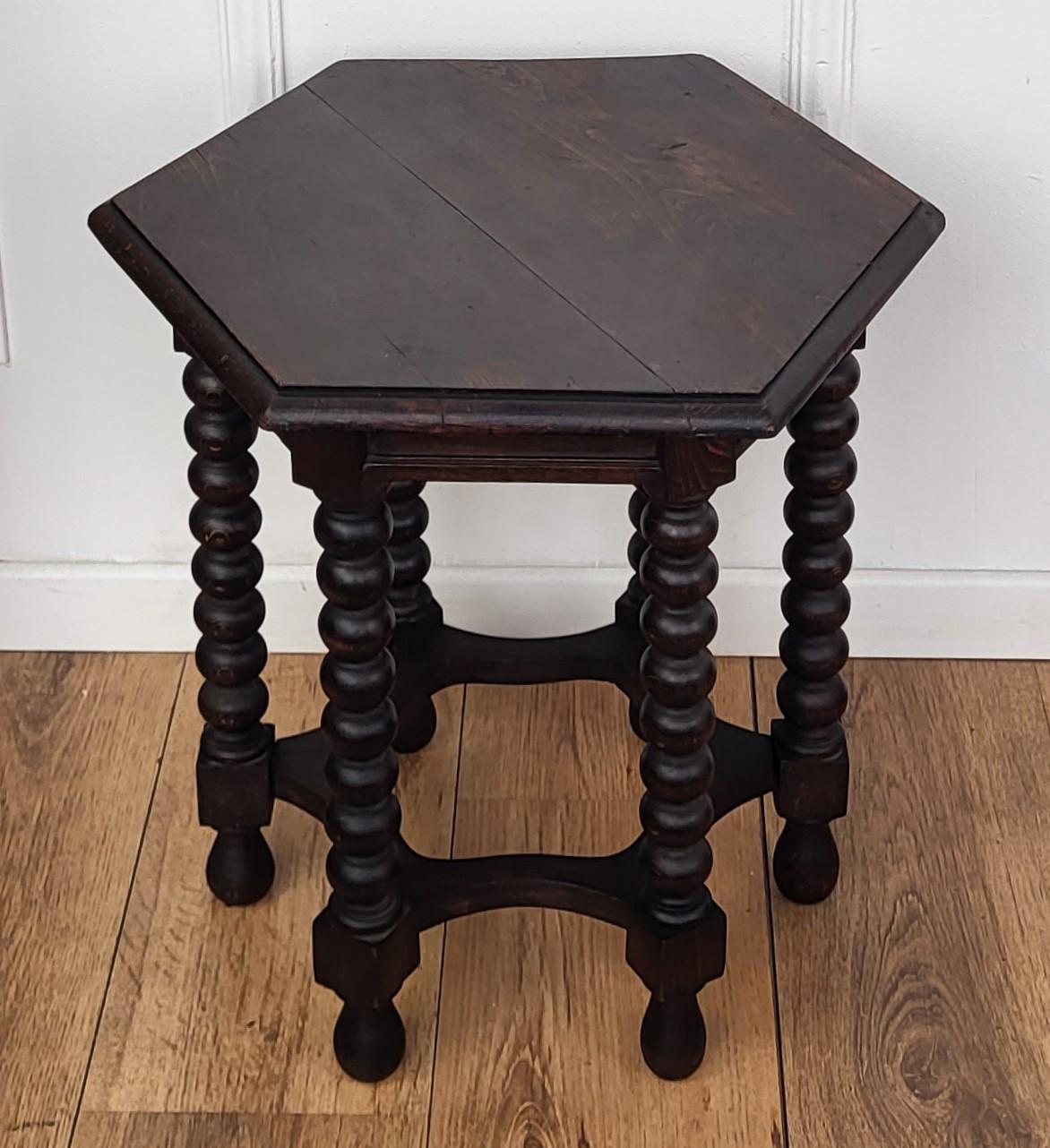 Wood Antique Italian Hexagonal Black Walnut Side Table Stool with Bobbin Turned Legs For Sale