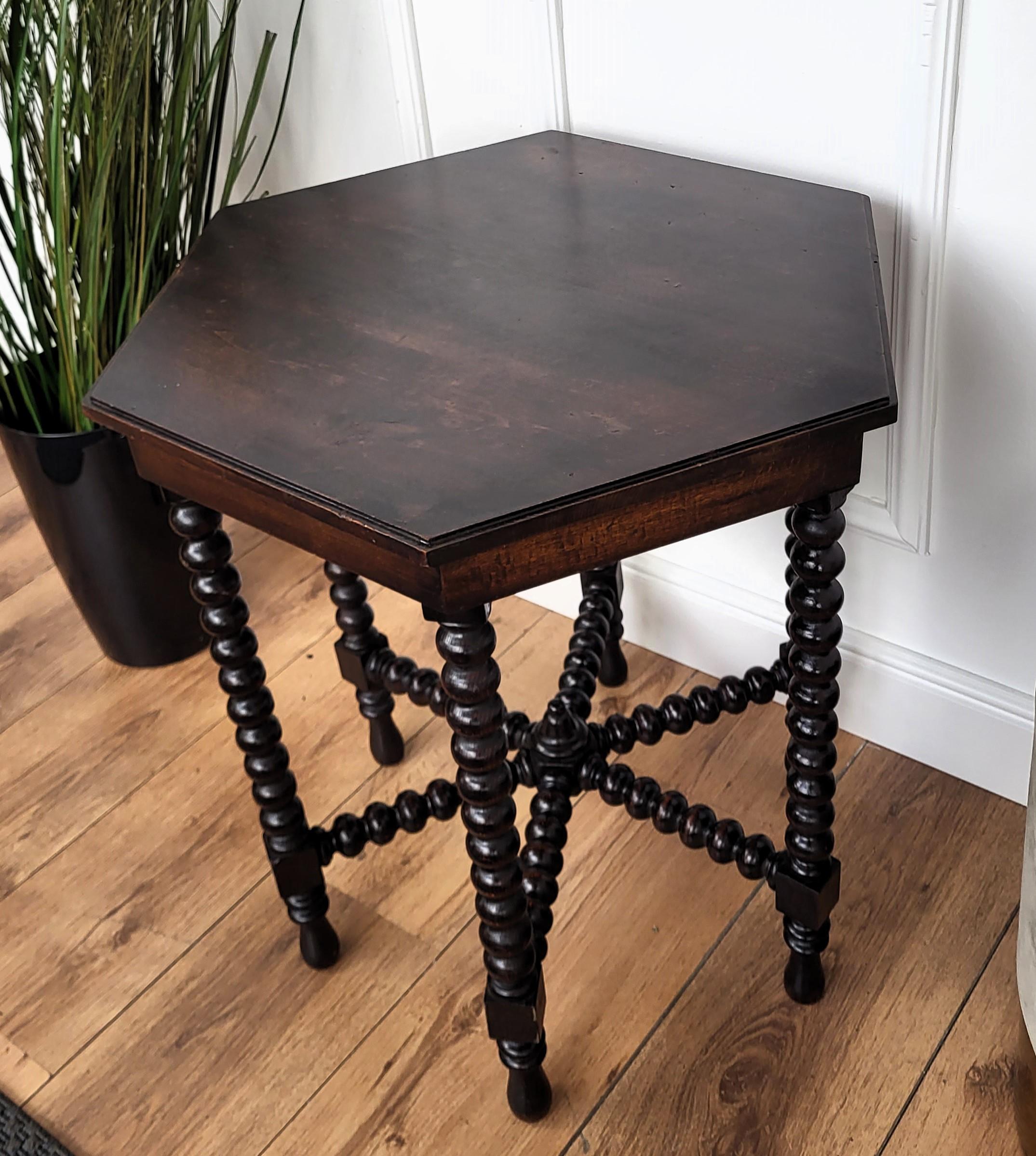 Wood Antique Italian Hexagonal Black Walnut Side Table Stool with Bobbin Turned Legs