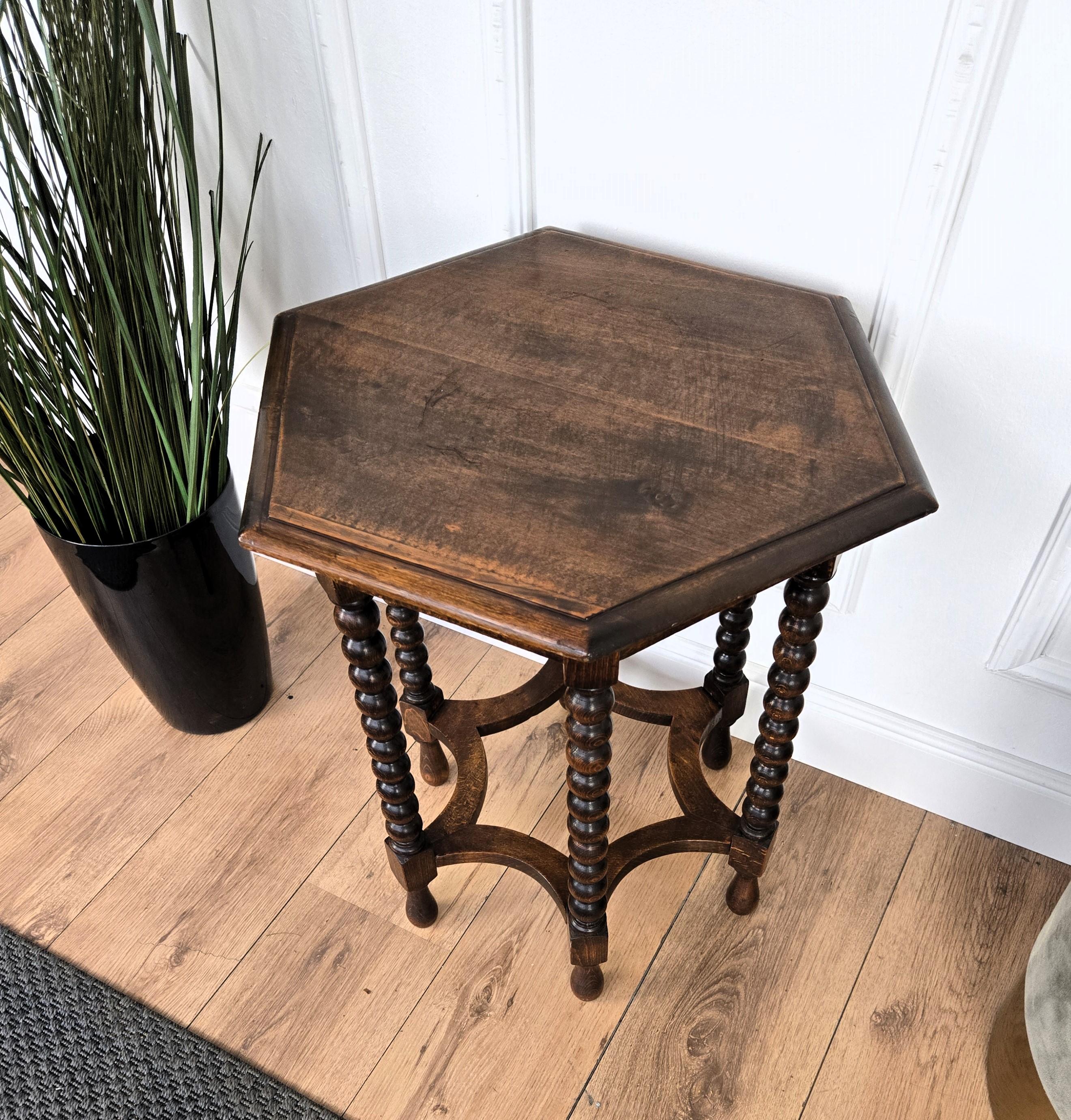 Wood Antique Italian Hexagonal Black Walnut Side Table Stool with Bobbin Turned Legs