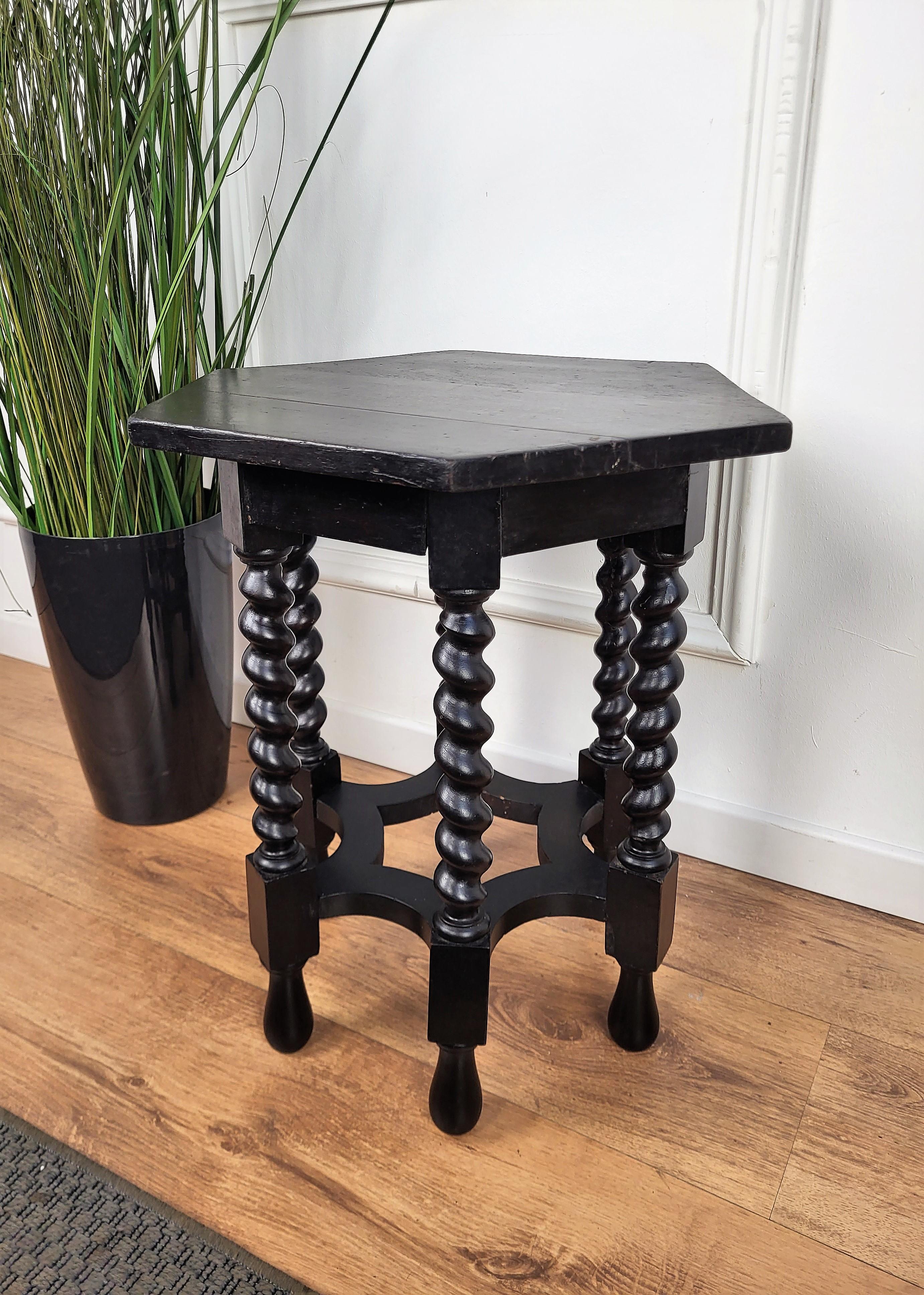 Antique Italian Hexagonal Black Walnut Side Table Stool with Bobbin Turned Legs 1