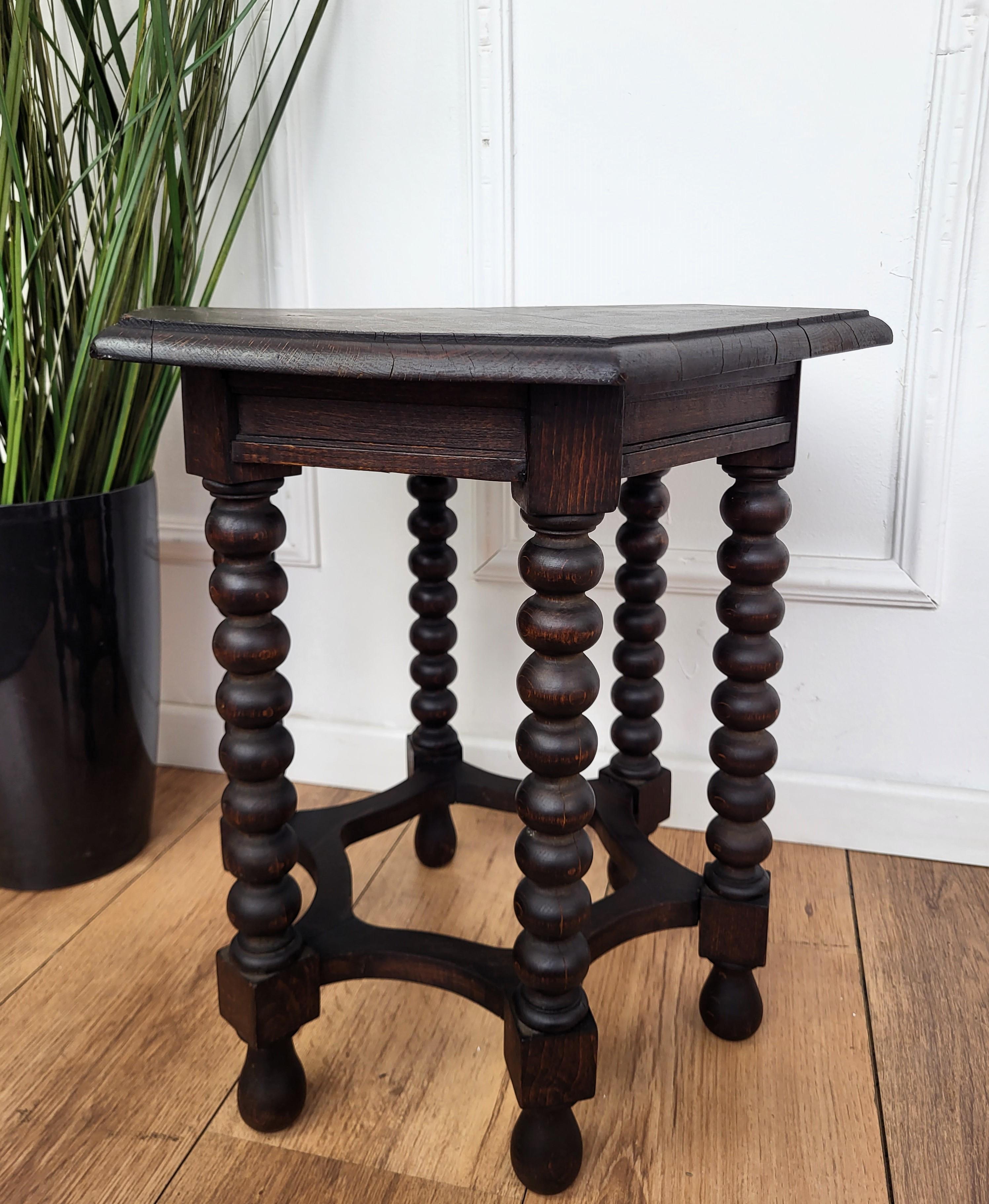 Antique Italian Hexagonal Black Walnut Side Table Stool with Bobbin Turned Legs For Sale 1