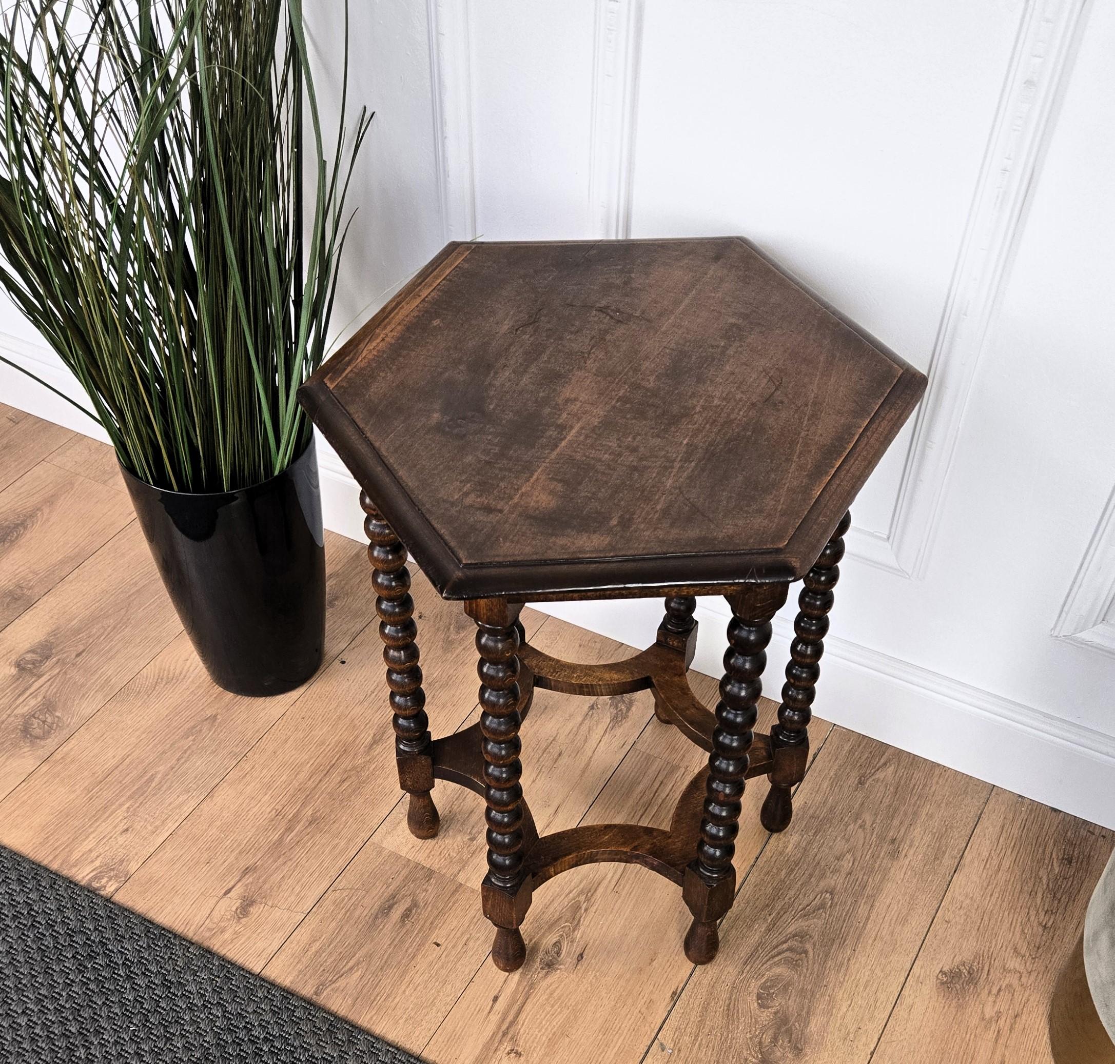Antique Italian Hexagonal Black Walnut Side Table Stool with Bobbin Turned Legs 2