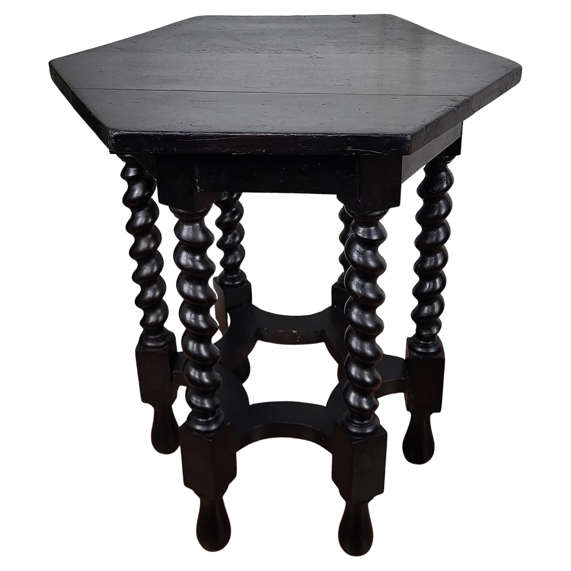 Antique Italian Hexagonal Black Walnut Side Table Stool with Bobbin Turned Legs