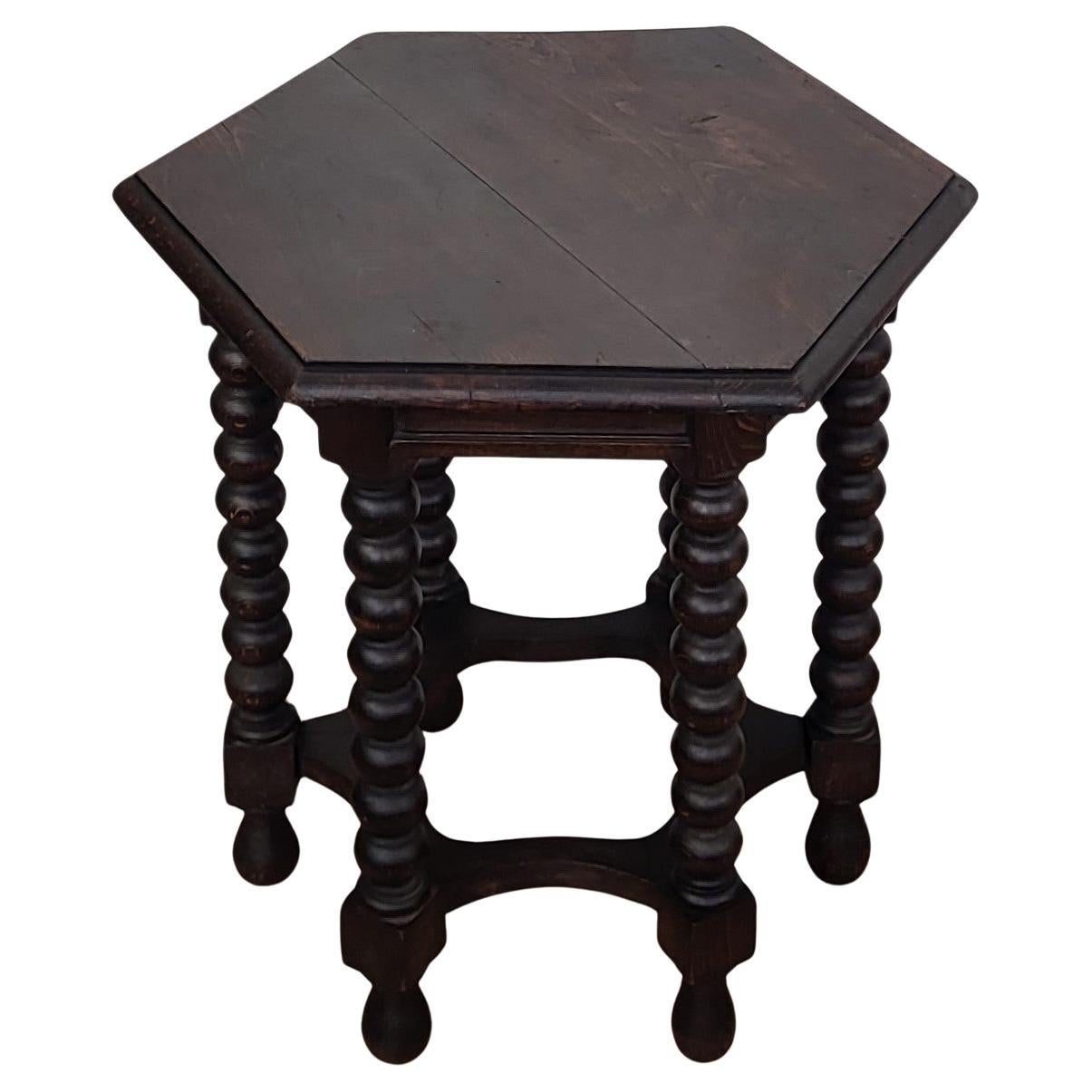 Antique Italian Hexagonal Black Walnut Side Table Stool with Bobbin Turned Legs For Sale