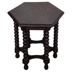 Vintage Italian Hexagonal Black Walnut Side Table Stool with Bobbin Turned Legs