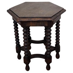 Antique Italian Hexagonal Black Walnut Side Table Stool with Bobbin Turned Legs