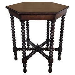 Antique Italian Hexagonal Black Walnut Side Table Stool with Bobbin Turned Legs