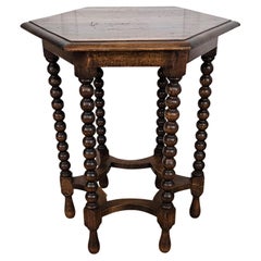 Antique Italian Hexagonal Black Walnut Side Table Stool with Bobbin Turned Legs