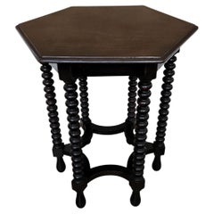 Antique Italian Hexagonal Black Walnut Side Table Stool with Bobbin Turned Legs