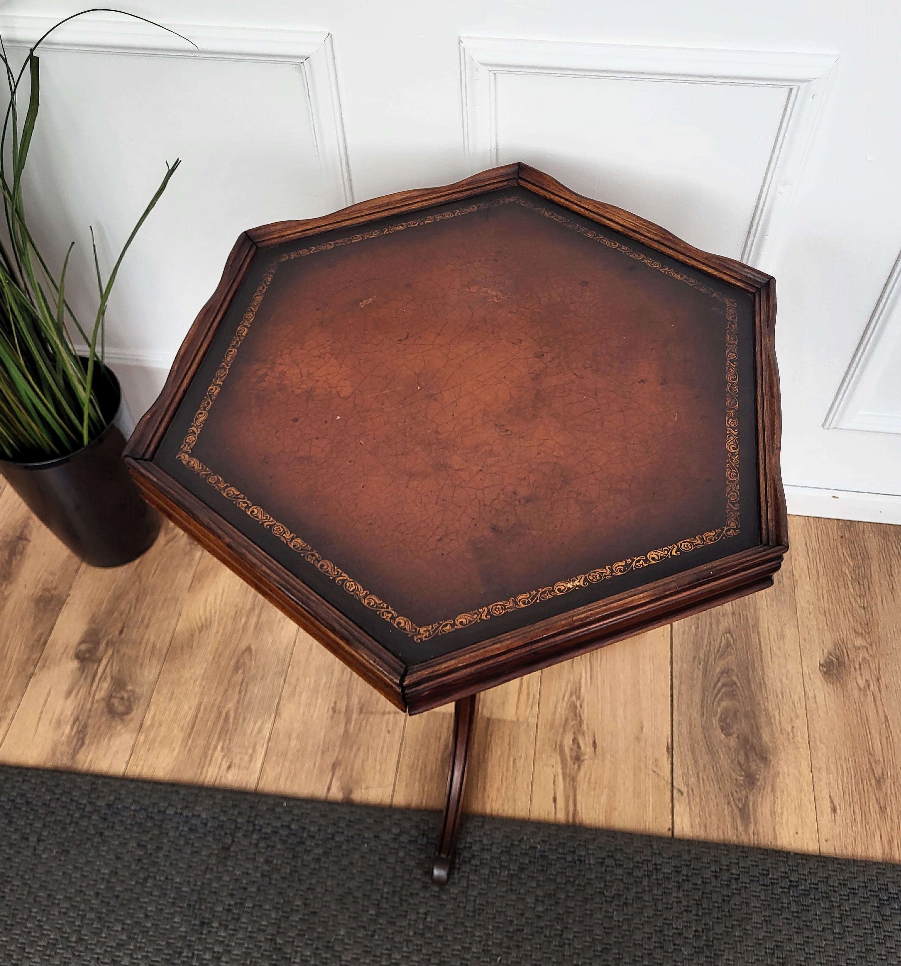 Antique Italian Hexagonal Walnut Side Table Gilt-Frame Leather and Tripod Legs For Sale 1