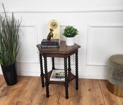 Antique Italian Hexagonal Walnut Side Table or Stool with Bobbin Turned Legs