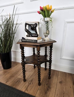 Antique Italian Hexagonal Walnut Side Table or Stool with Bobbin Turned Legs