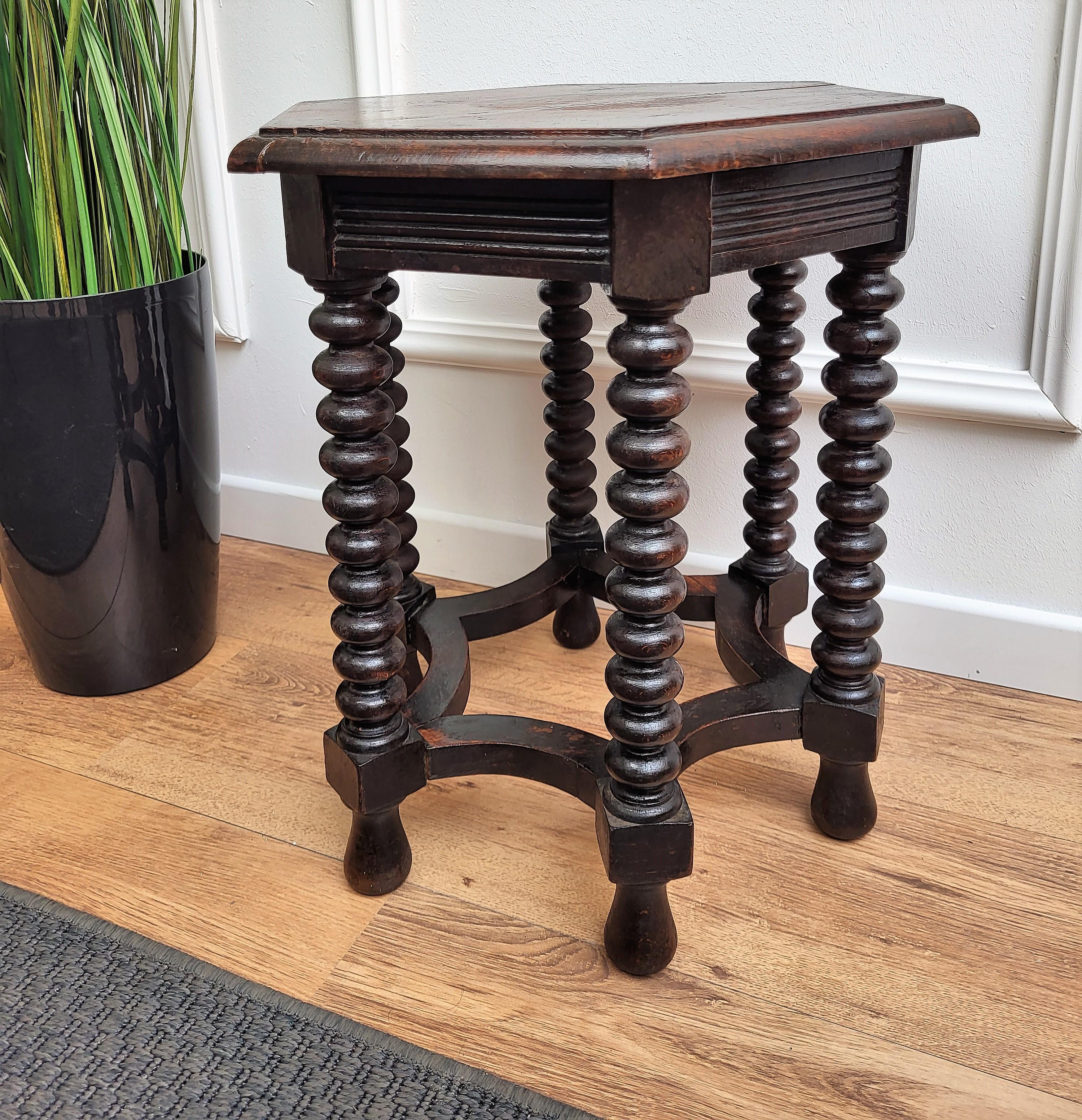 Renaissance Antique Italian Hexagonal Walnut Side Table or Stool with Bobbin Turned Legs