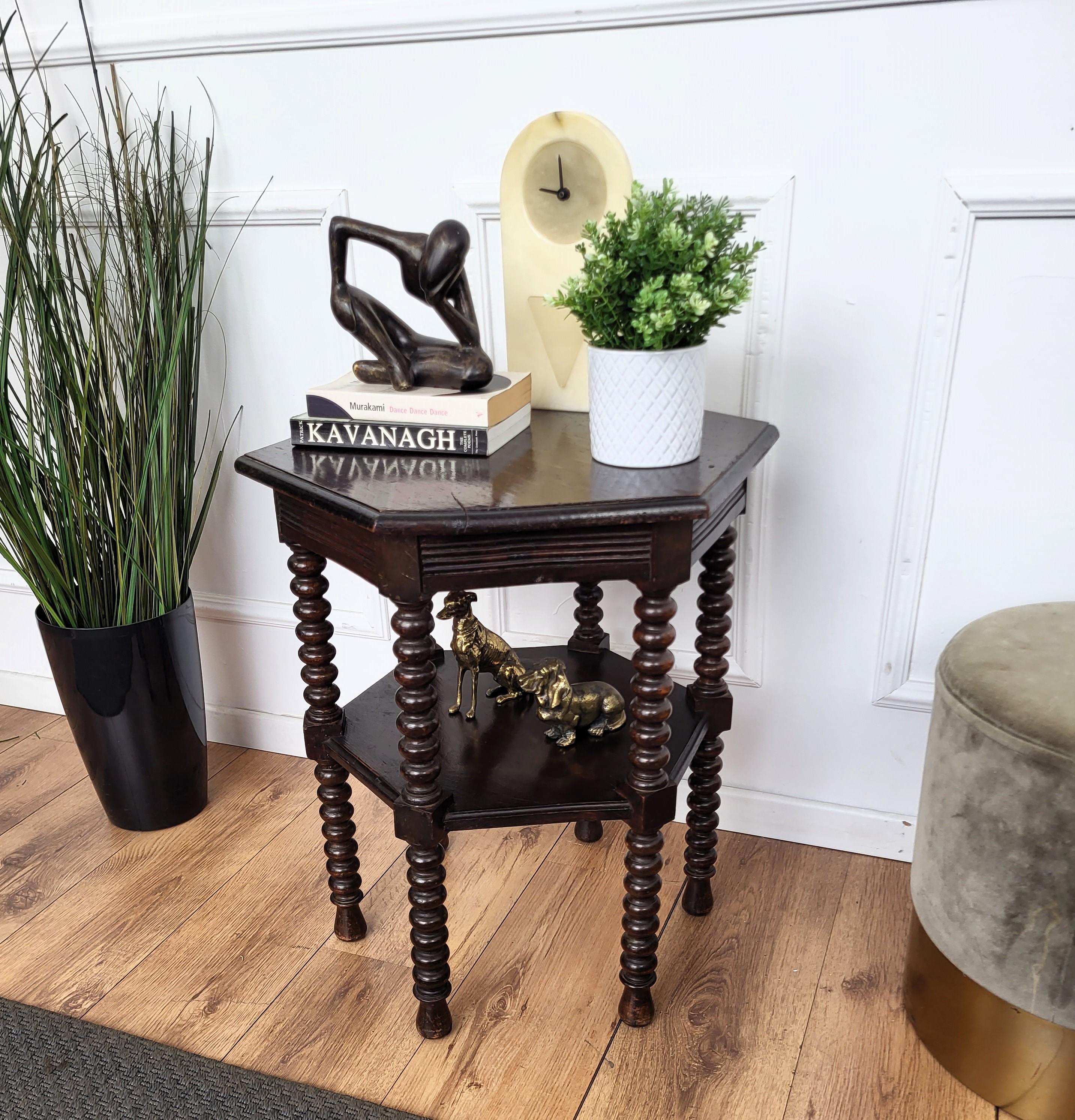 Renaissance Antique Italian Hexagonal Walnut Side Table or Stool with Bobbin Turned Legs