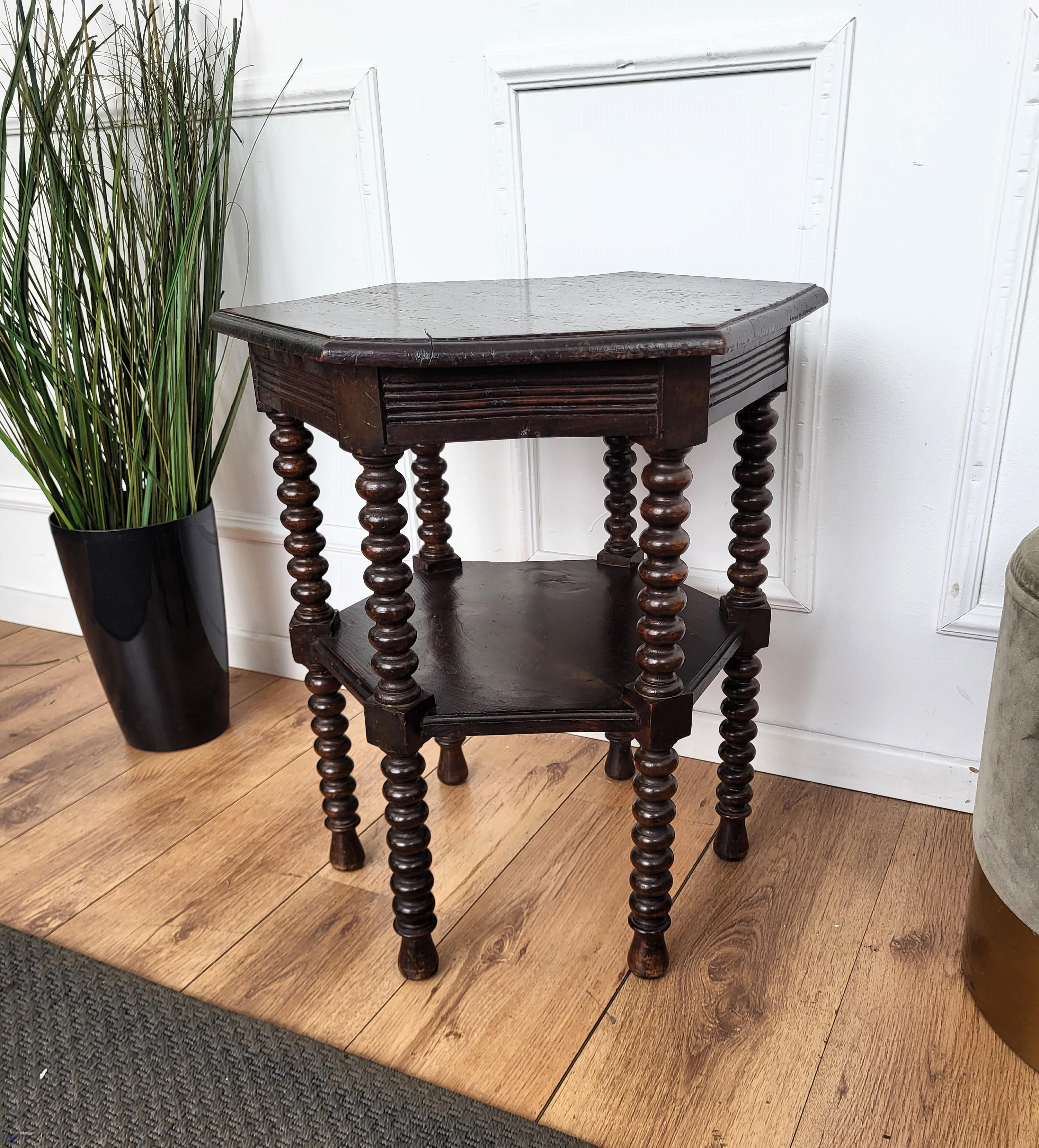 20th Century Antique Italian Hexagonal Walnut Side Table or Stool with Bobbin Turned Legs