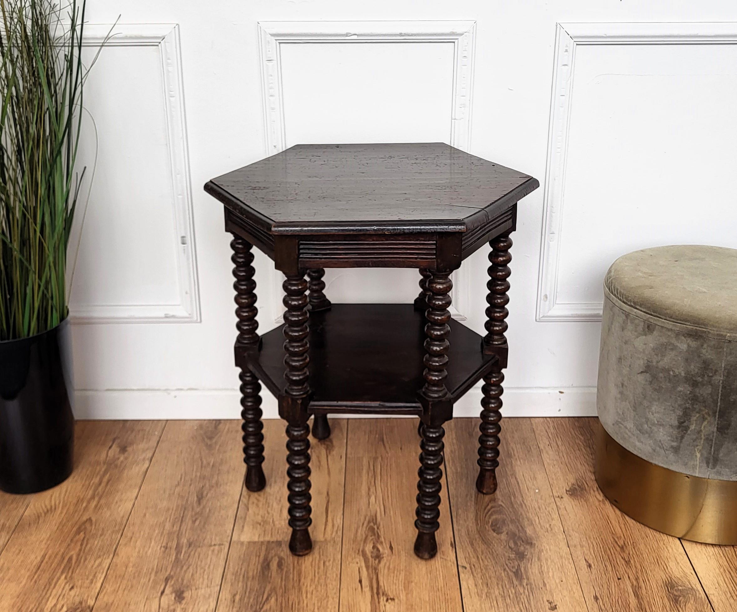 Wood Antique Italian Hexagonal Walnut Side Table or Stool with Bobbin Turned Legs