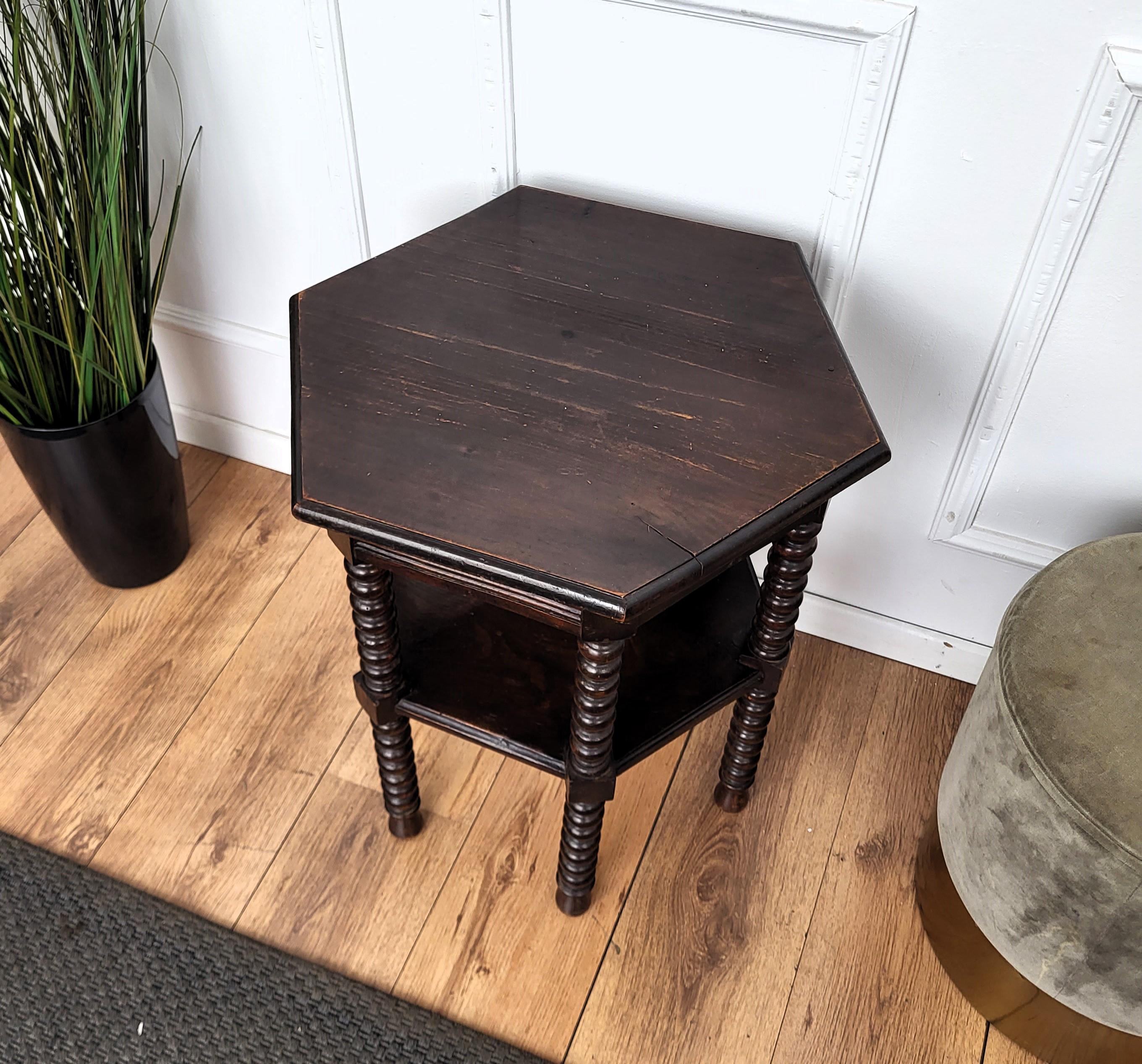Antique Italian Hexagonal Walnut Side Table or Stool with Bobbin Turned Legs 1