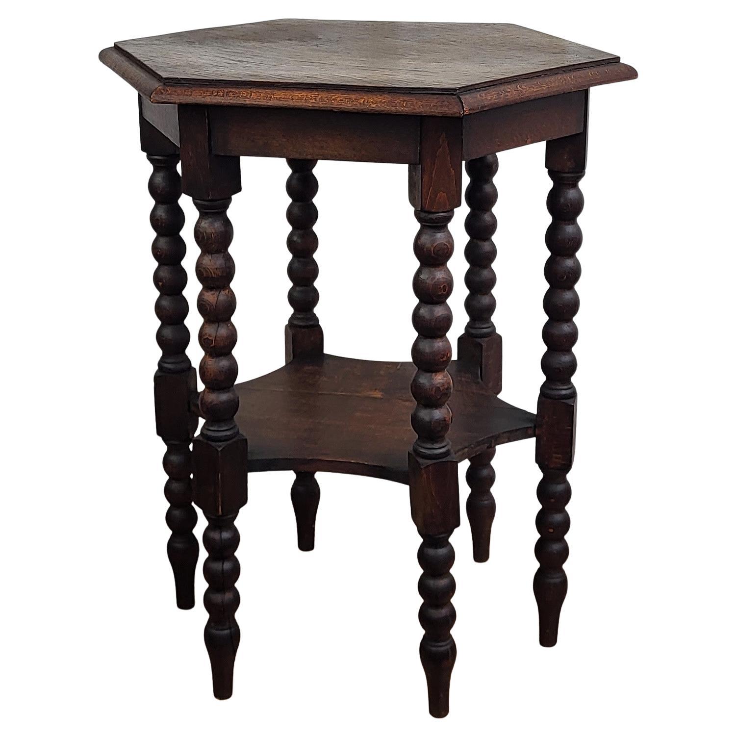 Antique Italian Hexagonal Walnut Side Table or Stool with Bobbin Turned Legs