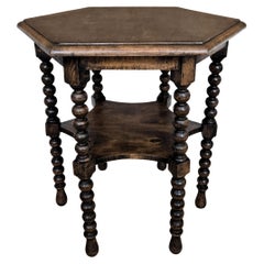 Antique Italian Hexagonal Walnut Side Table or Stool with Bobbin Turned Legs