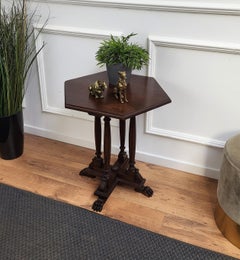 Antique Italian Hexagonal Walnut Side Table Stool with Carved Legs Animal Feet