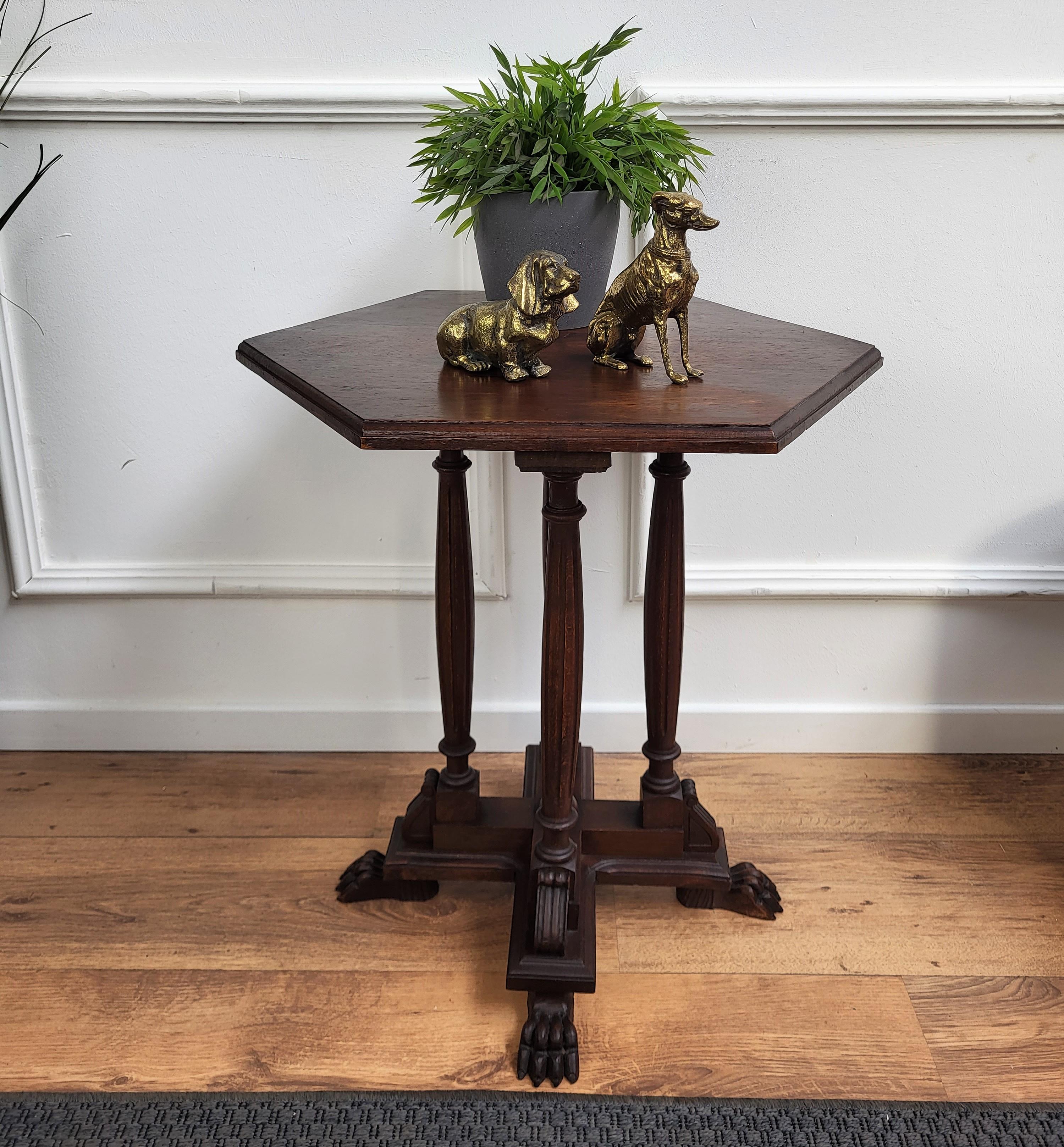 Renaissance Antique Italian Hexagonal Walnut Side Table Stool with Carved Legs Animal Feet For Sale