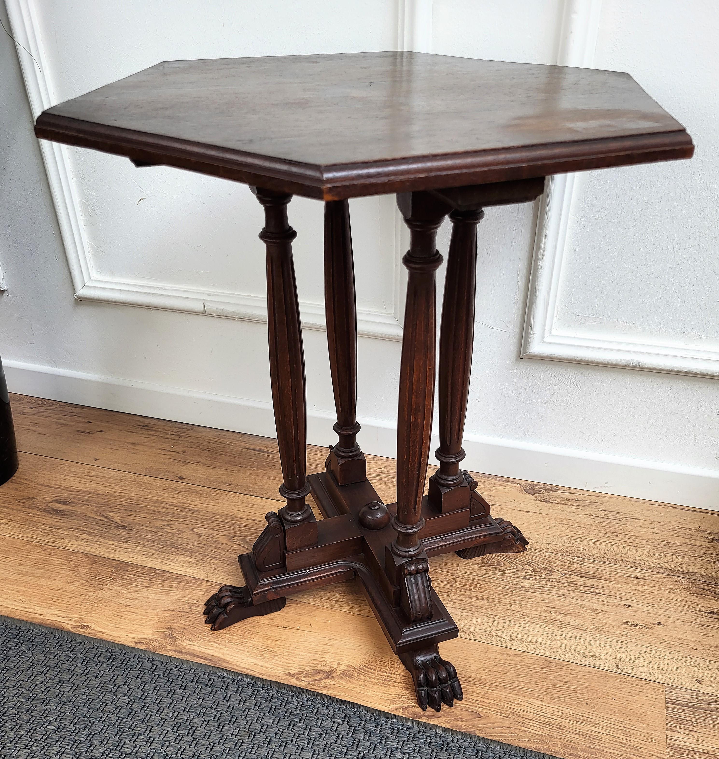 20th Century Antique Italian Hexagonal Walnut Side Table Stool with Carved Legs Animal Feet For Sale