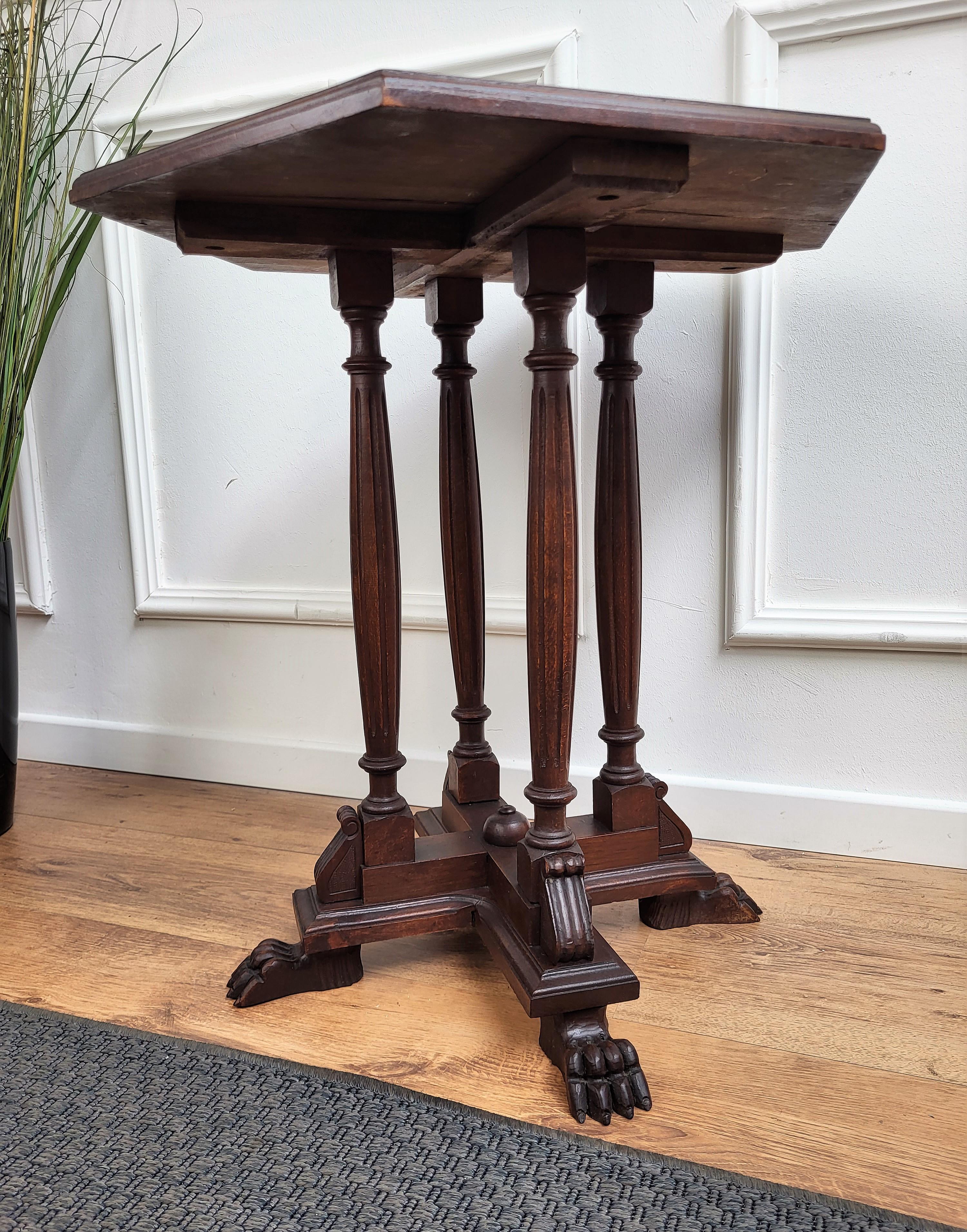 Wood Antique Italian Hexagonal Walnut Side Table Stool with Carved Legs Animal Feet For Sale