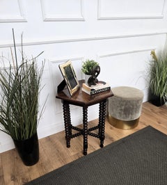Antique Italian Hexagonal Walnut Wood Side Table with Bobbin Turned Legs