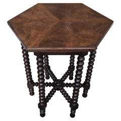 Antique Italian Hexagonal Walnut Wood Side Table with Bobbin Turned Legs