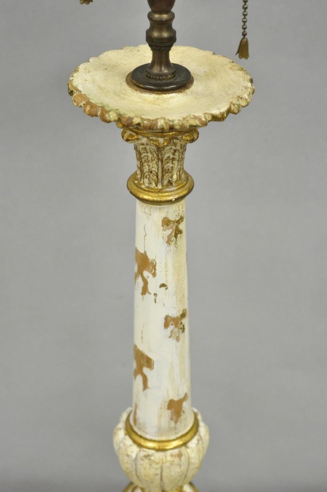 Antique Italian Hollywood Regency Cream Gold Giltwood Column Table Lamp w/ Swans For Sale 5