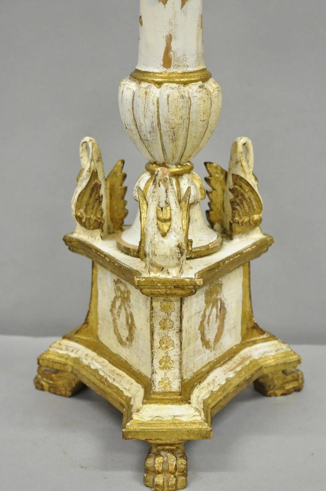 Antique Italian Hollywood Regency Cream Gold Giltwood Column Table Lamp w/ Swans For Sale 6