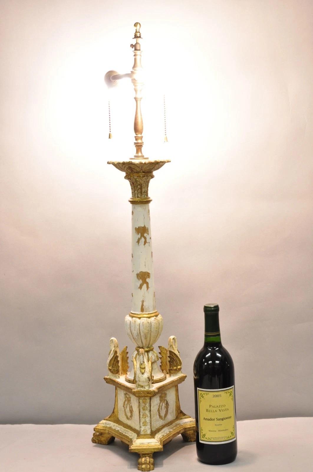 Antique Italian Hollywood Regency Cream & Gold Giltwood Florentine Column Table Lamp w/ Swans. Circa Mid 20th Century. Measurements: 32