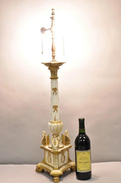Antique Italian Hollywood Regency Cream Gold Giltwood Column Table Lamp w/ Swans