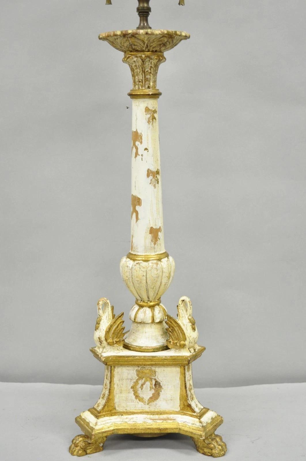 Unknown Antique Italian Hollywood Regency Cream Gold Giltwood Column Table Lamp w/ Swans For Sale