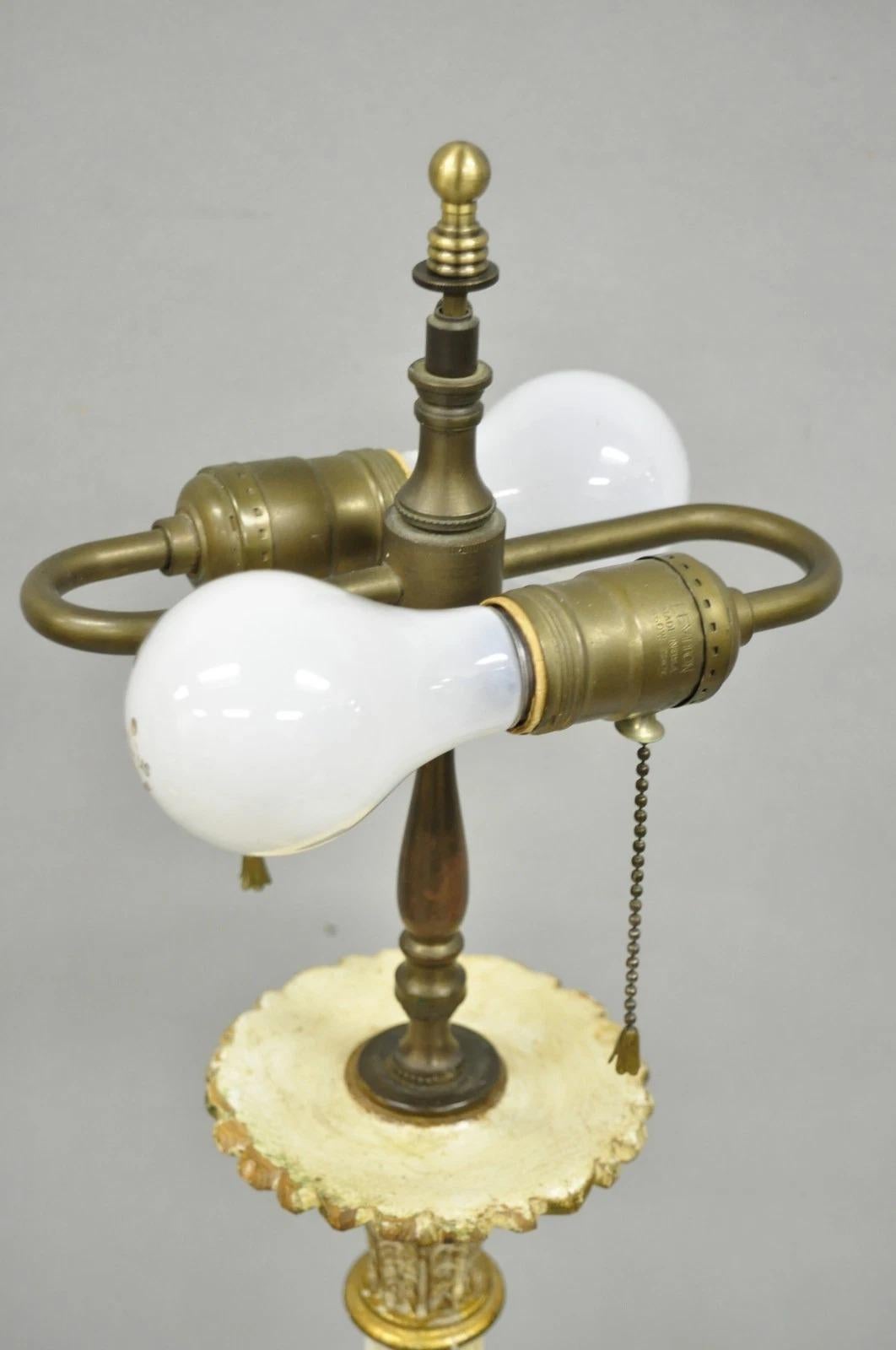Wood Antique Italian Hollywood Regency Cream Gold Giltwood Column Table Lamp w/ Swans For Sale