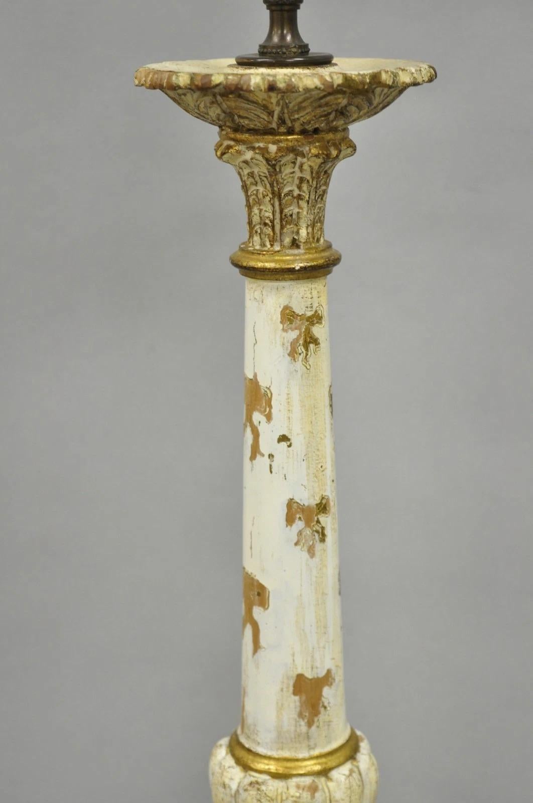 Antique Italian Hollywood Regency Cream Gold Giltwood Column Table Lamp w/ Swans For Sale 1
