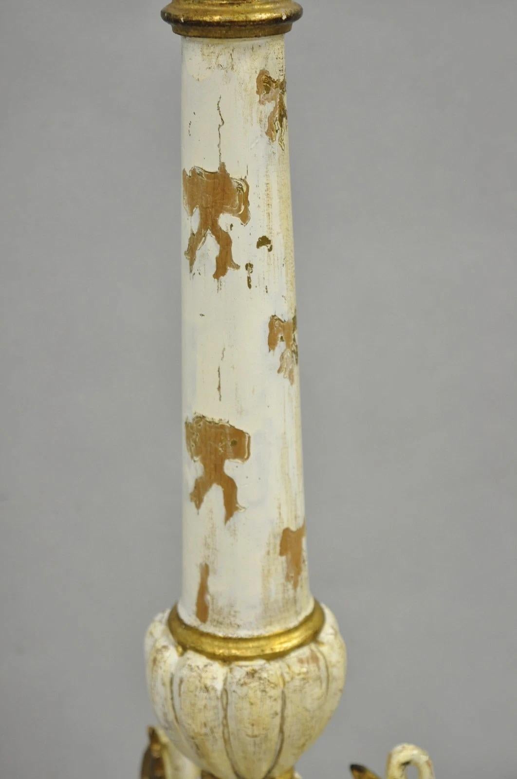 Antique Italian Hollywood Regency Cream Gold Giltwood Column Table Lamp w/ Swans For Sale 2