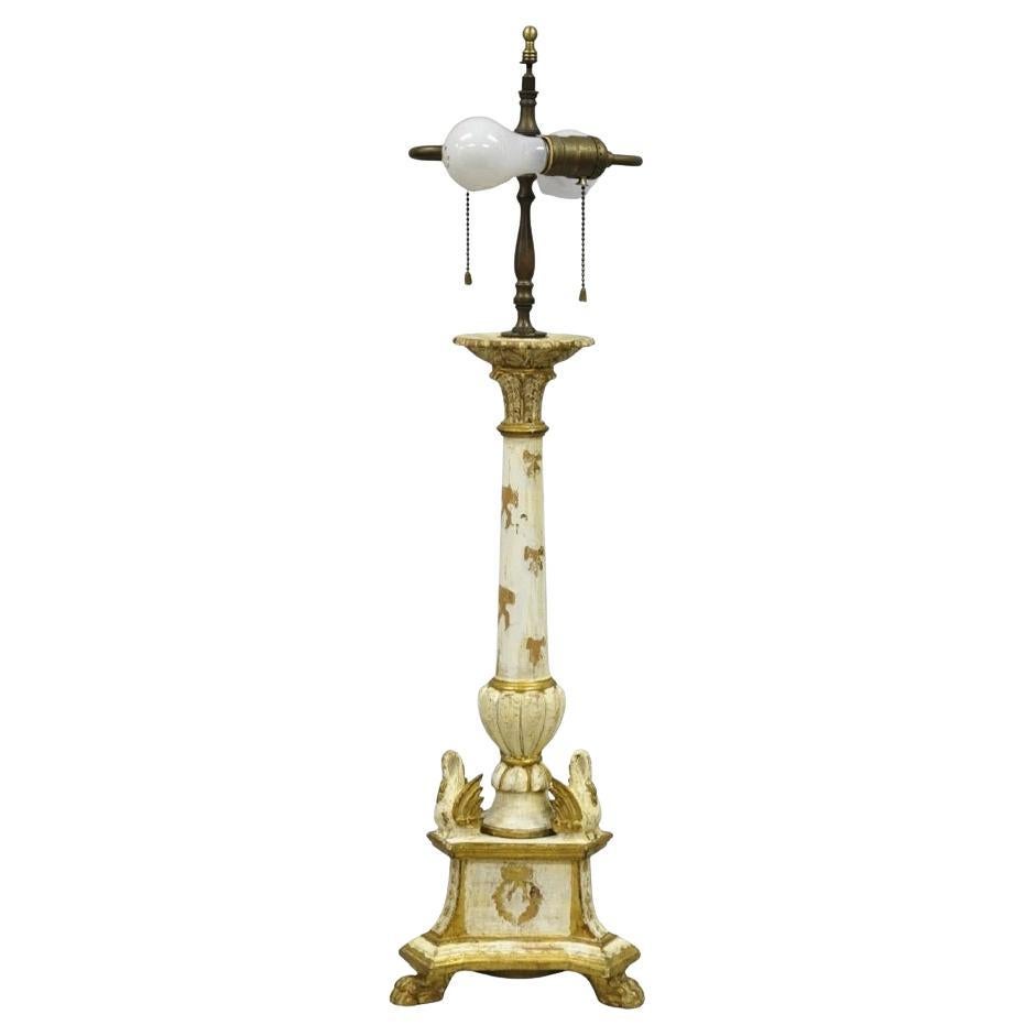 Antique Italian Hollywood Regency Cream Gold Giltwood Column Table Lamp w/ Swans For Sale