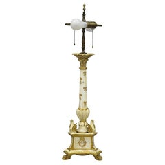 Antique Italian Hollywood Regency Cream Gold Giltwood Column Table Lamp w/ Swans