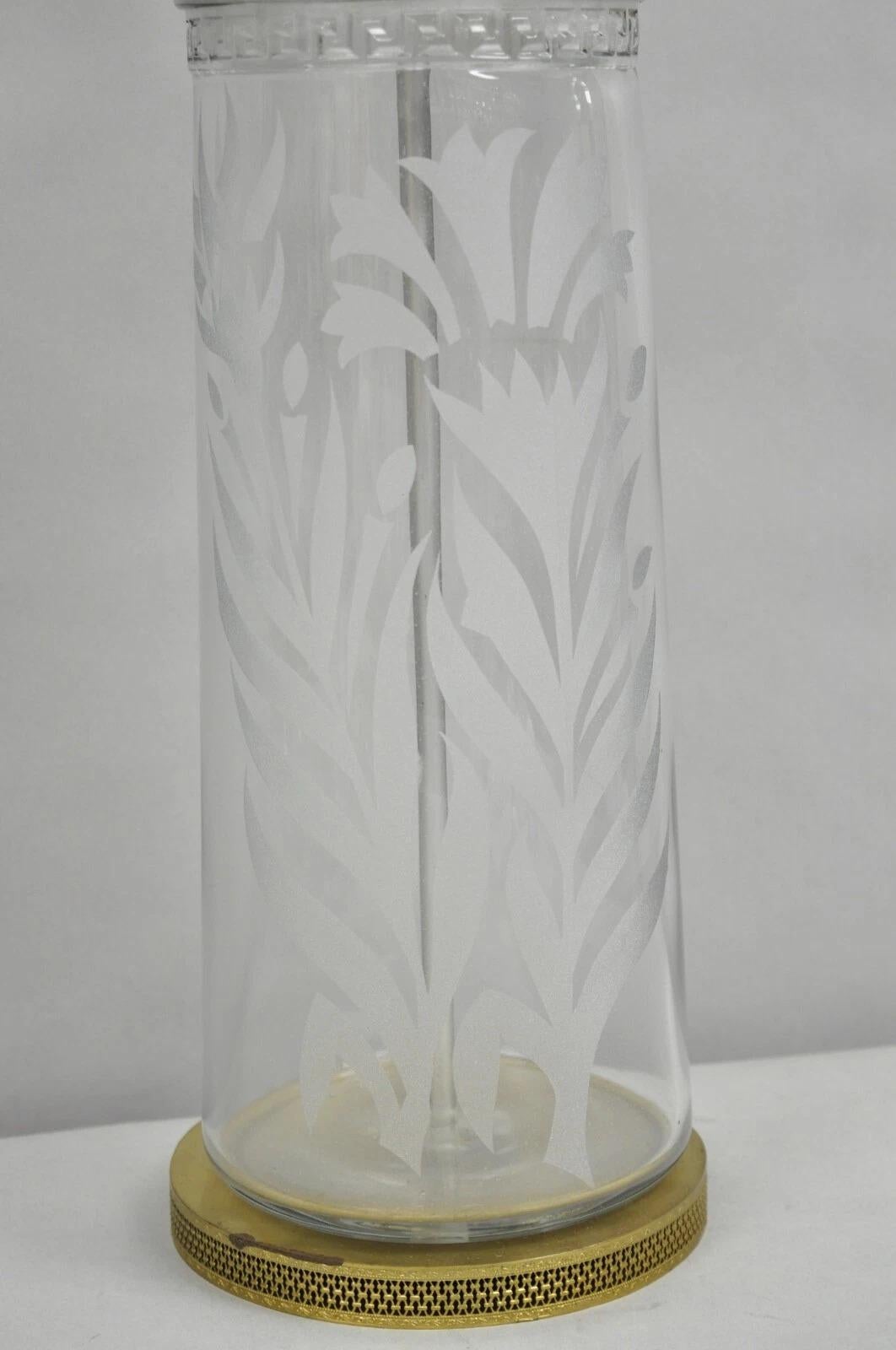 Brass Antique Italian Hollywood Regency Faceted Clear Glass Greek Key Table Lamp For Sale