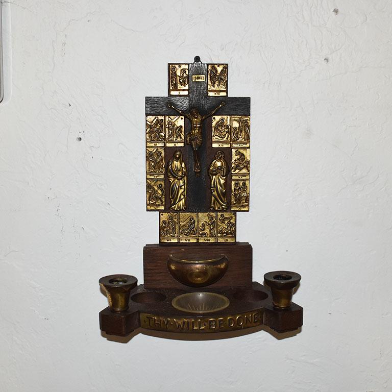 20th Century Antique Italian Holy Water Font with Brass Relief and Candle Holders For Sale