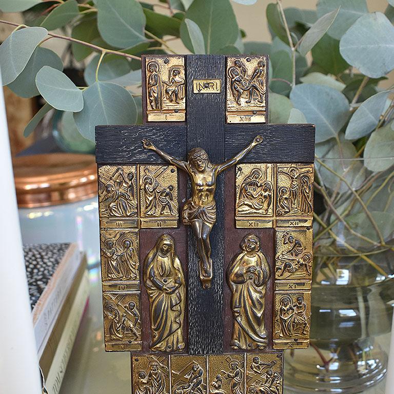 Antique Italian Holy Water Font with Brass Relief and Candle Holders For Sale 1