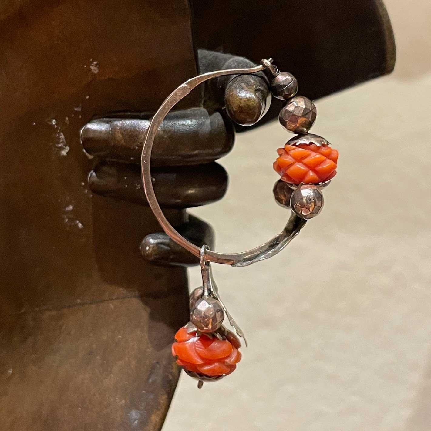Women's Antique Italian hoop earrings Coral rose buds For Sale