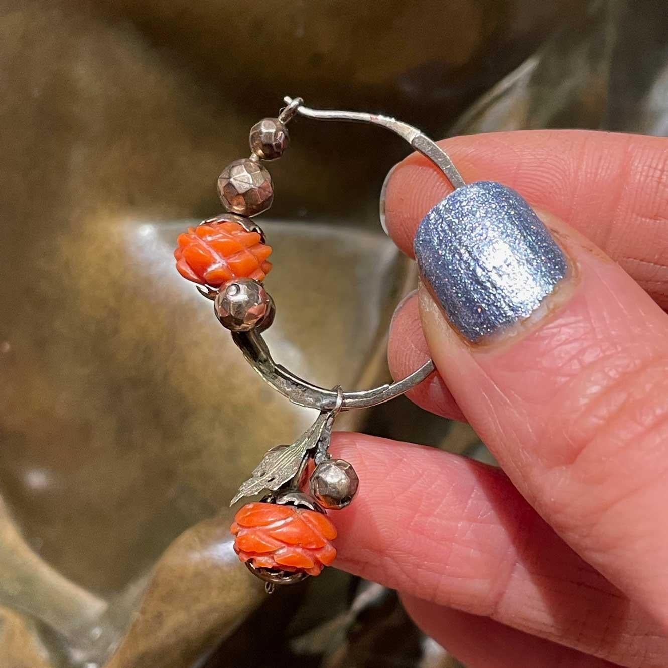 Antique Italian hoop earrings Coral rose buds For Sale 1