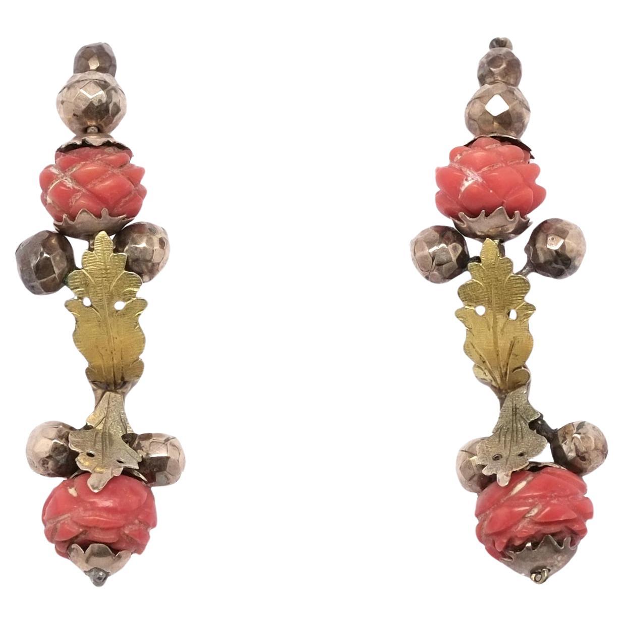 Antique Italian hoop earrings Coral rose buds For Sale